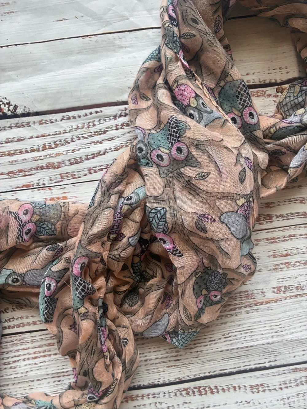 Light Peach Owl Print Infinity Scarf - Women Accessories
